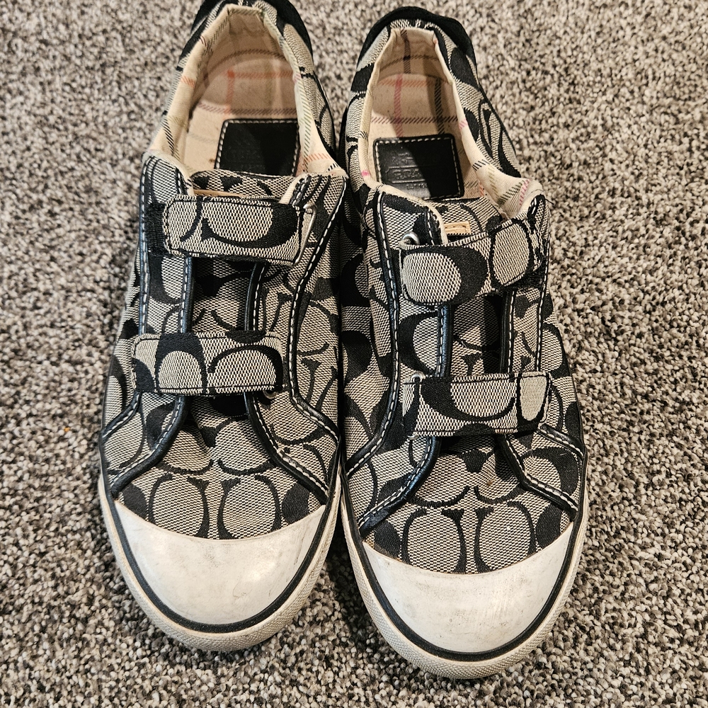 Coach Kids Black and Cream Signature Canvas Velcro Sneakers